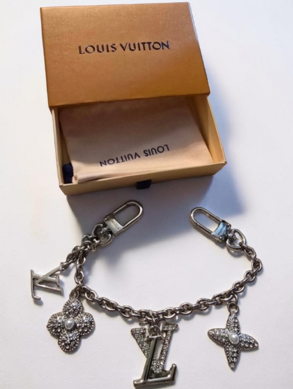 ♡♡♡  Silver-Tone Crystal Charm Chain with Floral Motifs
